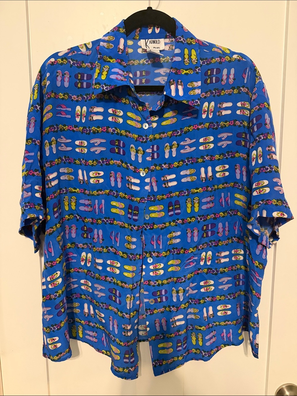 Vintage 90s K. Arnold 100% Silk Short-Sleeve Button Shirt Blue Flip-Flop Print